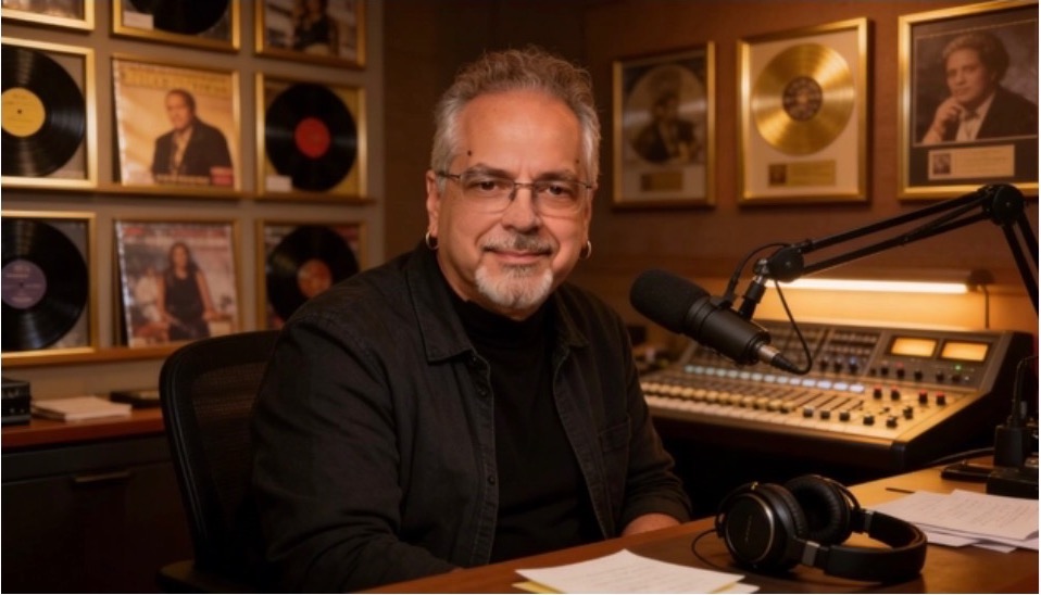 Billy Amendola seated in a radio studio with a broadcast microphone