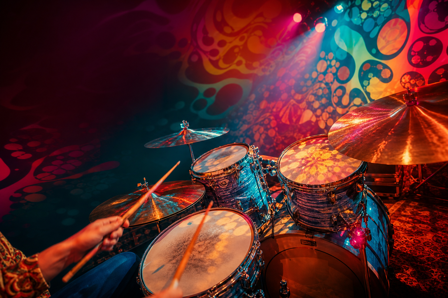 Psychedelic 1960s-inspired illustration of a vintage drum kit under colorful stage lights